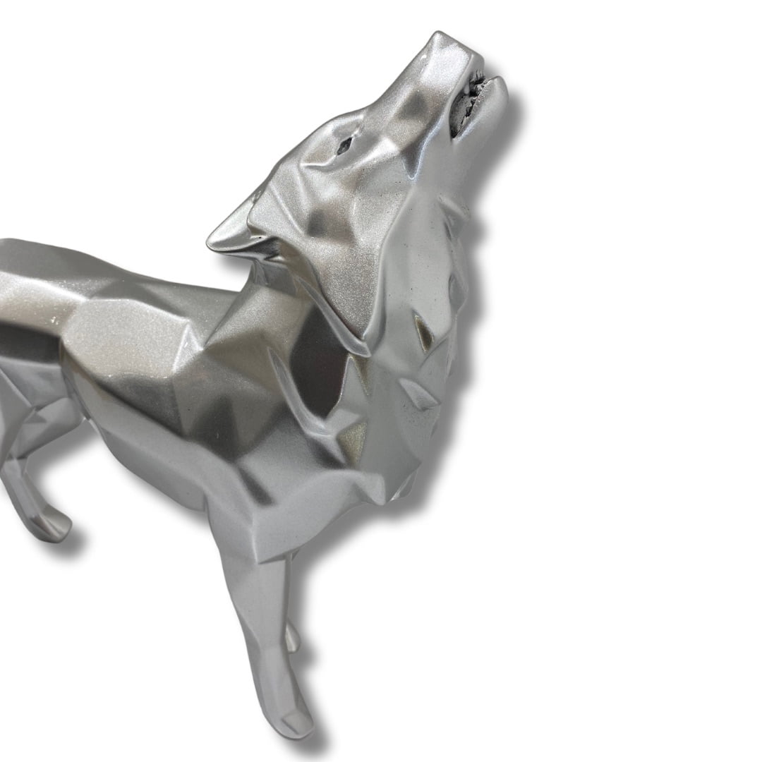 Sculpture loup hurlant argenté