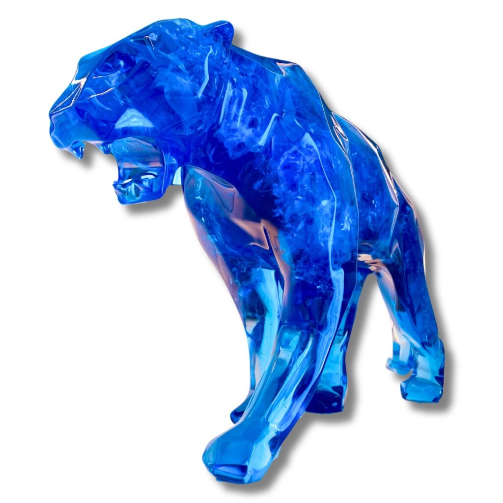Sculpture panthère crystal clear fractale bleue
