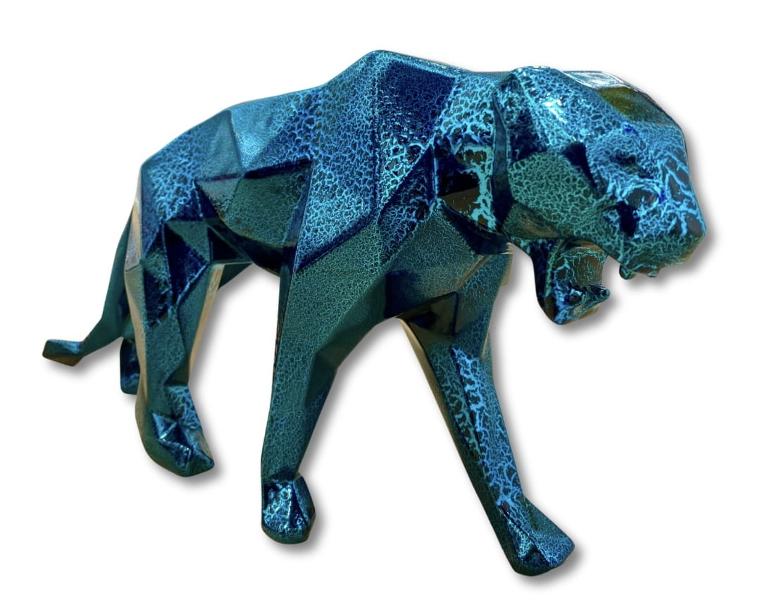 Sculpture panthère craquelée bleue turquoise